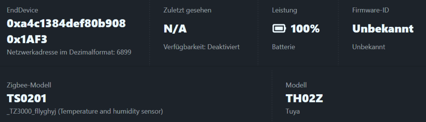 Home Assistant Info zu Tuya TH02Z