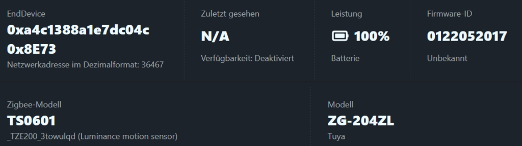 Tuya Bewegungsmelder ZG-204ZL Home Assistant Data